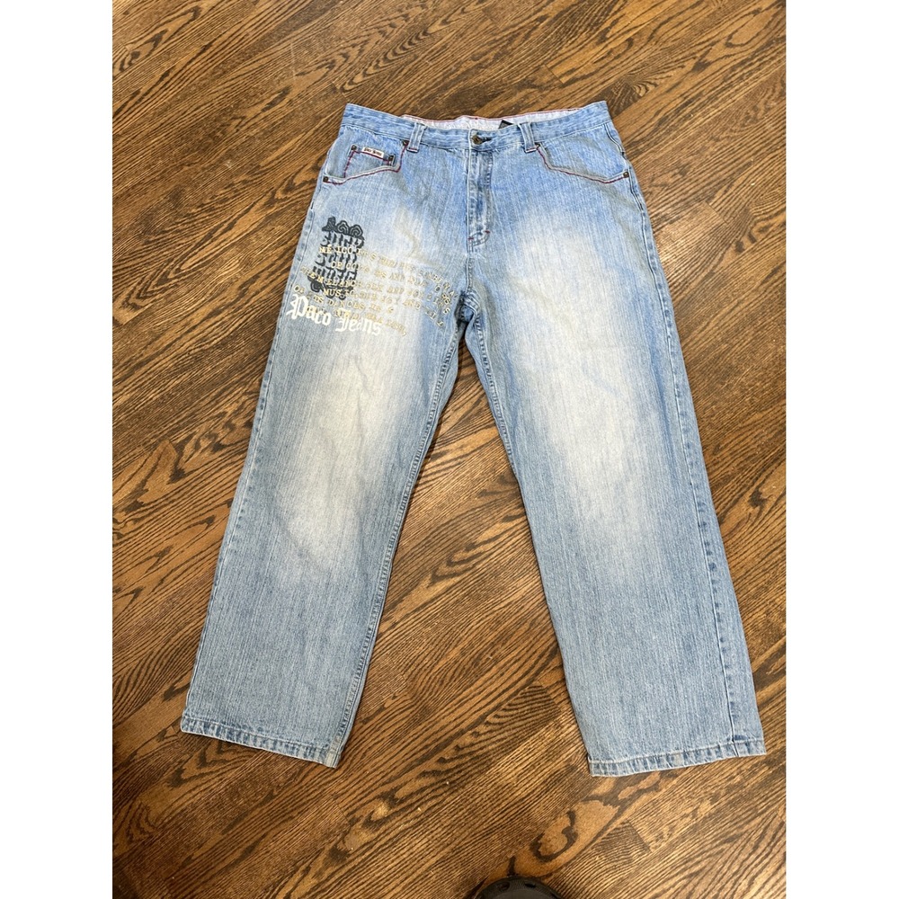 Paco Jeans Men's Size 40x33‎ Light Wash Denim Embroidered Graphic Y2K Wide Leg